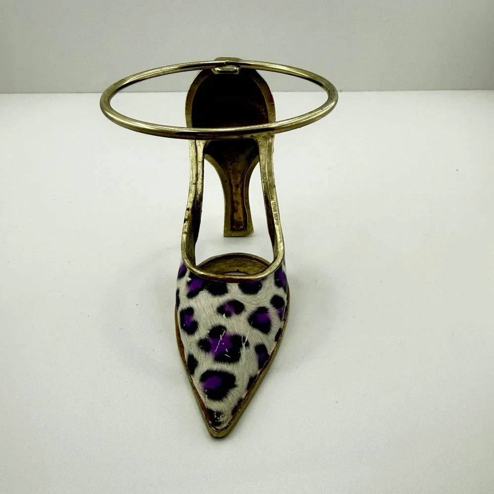 Y2K Gold Stiletto High Heel Candle Holder – Purple Leopard Print Glam Decor